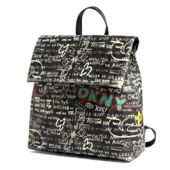 Dkny Handbags - DKNY Graffiti Logo Print Backpack Black White Zip